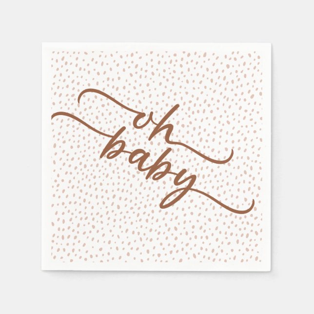 "Oh Baby" Brown Script & Beige Dots Baby Shower Napkin (Front)