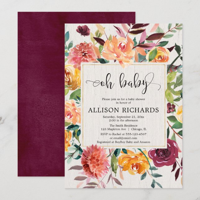 Oh Baby Burgundy blush fall floral baby shower Invitation (Front/Back)