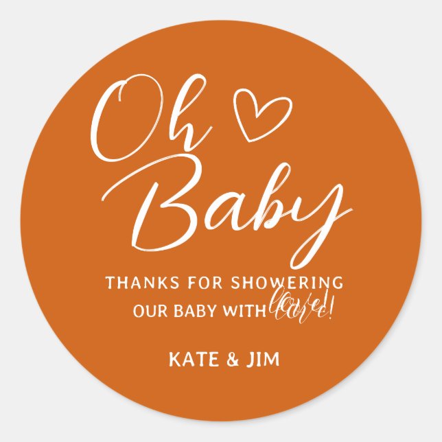 Oh Baby Burnt Orange Baby Shower Thank You Classic Round Sticker (Front)