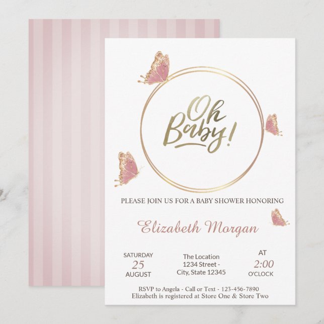 Oh Baby Butterflies Striped Baby Shower   Invitation (Front/Back)