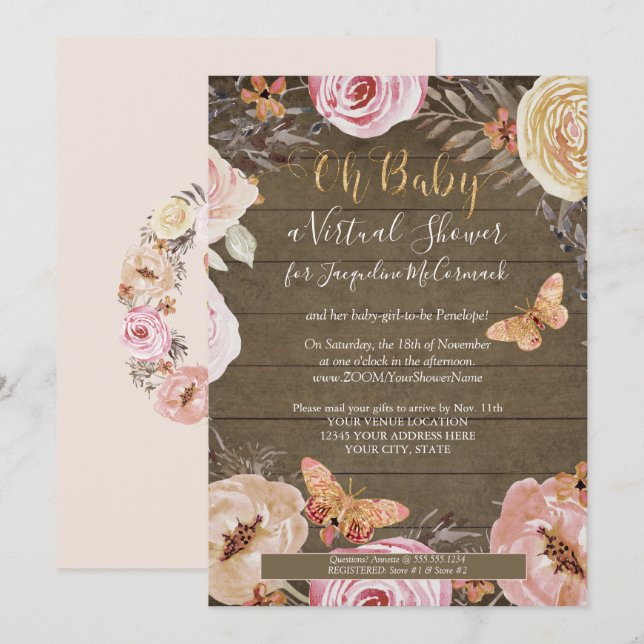 Oh Baby Butterfly Floral Rustic Wood Baby Shower Invitation (Front/Back)