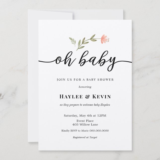 "Oh Baby" Calligraphy Baby Shower invitation (Front)
