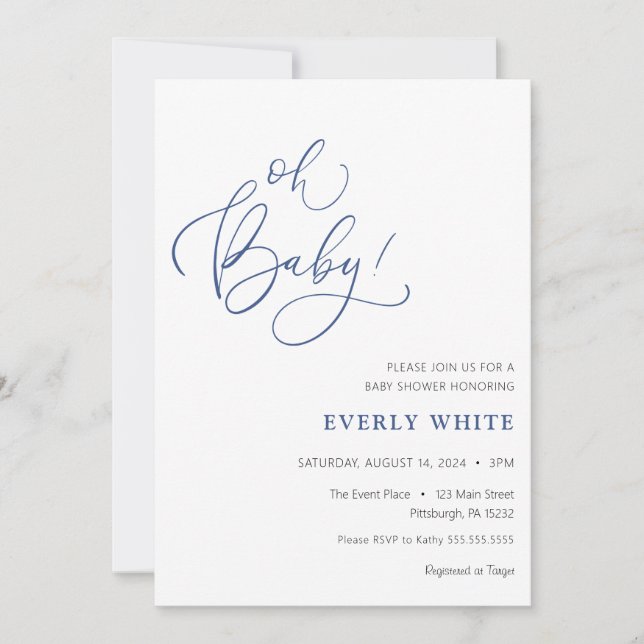 "Oh Baby" Calligraphy Blue Baby Shower invitation (Front)
