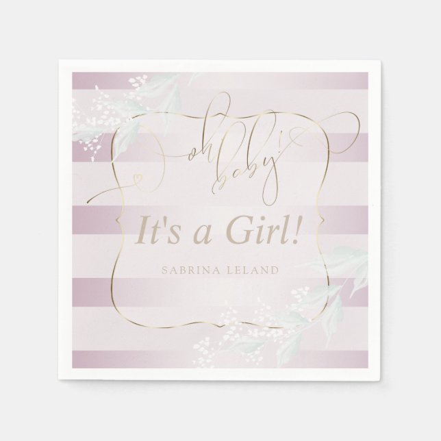 OH Baby! Calligraphy Ombré Rose Pink Stripes Napkin (Front)