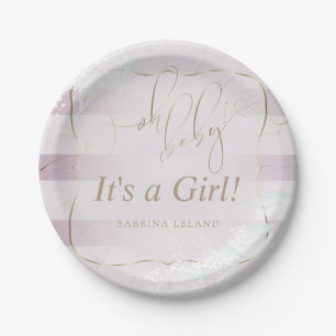 OH Baby! Calligraphy Ombré Rose Pink Stripes Paper Plate