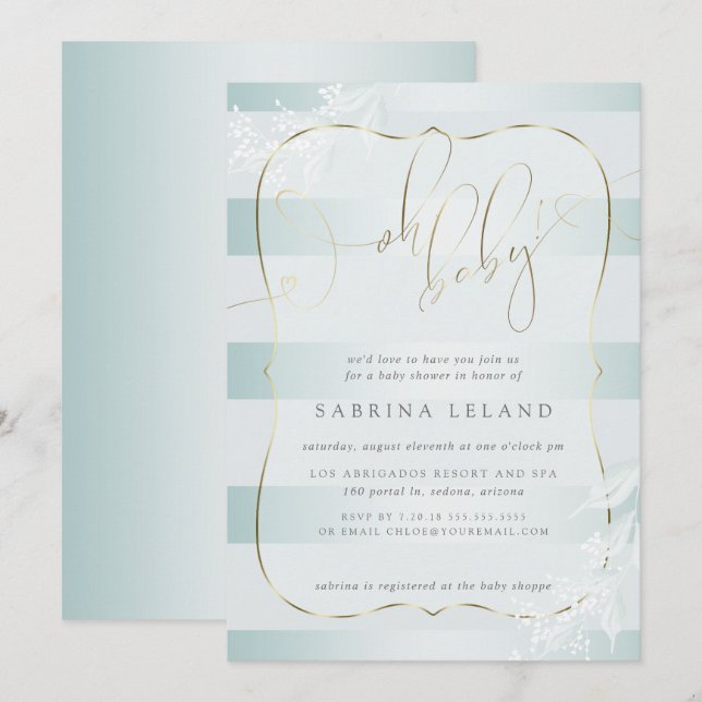 OH Baby! Calligraphy Ombré Teal Blue Stripes Invitation (Front/Back)