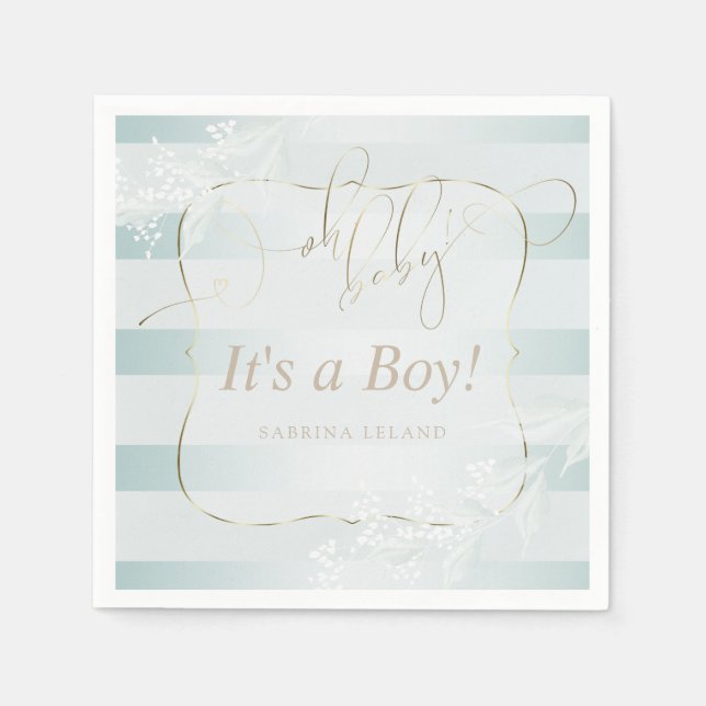 OH Baby! Calligraphy Ombré Teal Blue  Stripes Napkin (Front)