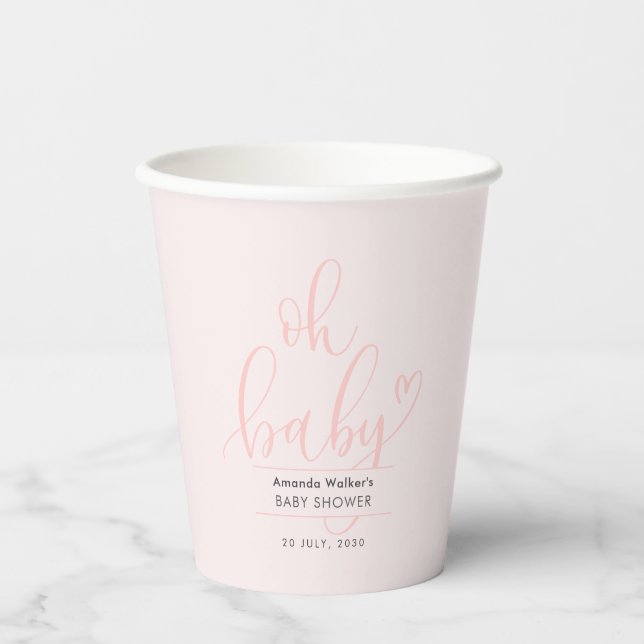 Oh Baby Calligraphy Pink Script Baby Shower Paper Cups (Front)