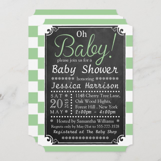 Oh Baby! Chalkboard & Green Stripe Baby Shower Invitation (Front/Back)