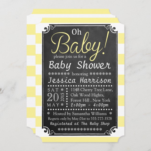 Oh Baby! Chalkboard & Yellow Stripe Baby Shower Invitation (Front/Back)