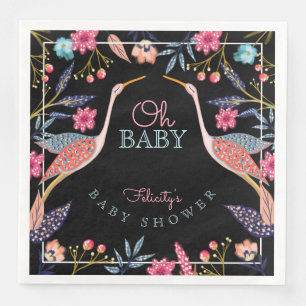 Oh Baby   Chic Floral Botanical Stork Baby Shower Napkin