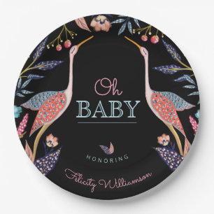 Oh Baby   Chic Floral Botanical Stork Baby Shower Paper Plate