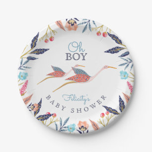 Oh Baby   Chic Floral Botanical Stork Baby Shower Paper Plate