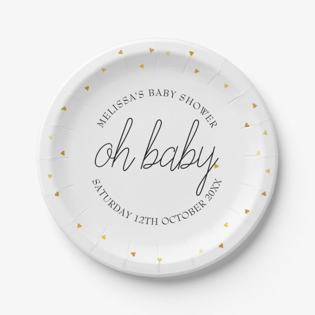 Oh Baby Chic Script Gold Heart Baby Shower Paper Plate (Front)