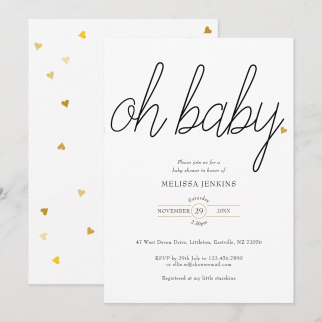 Oh Baby Chic Script Gold Love Heart Baby Shower Invitation (Front/Back)