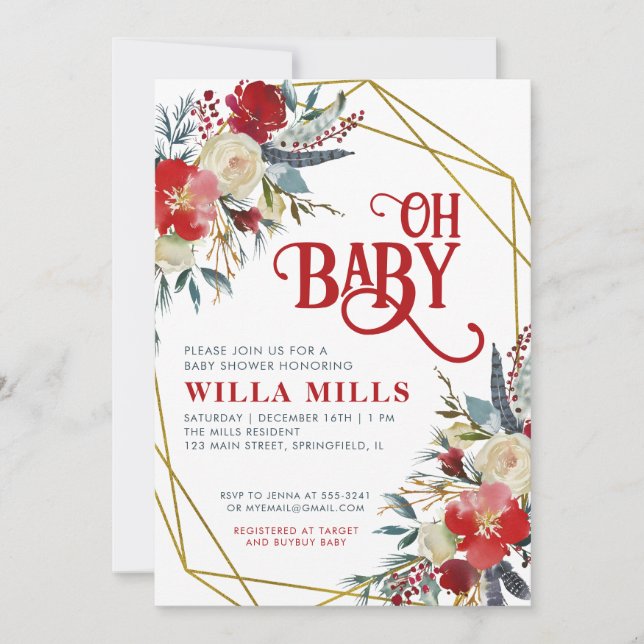 Oh Baby Christmas Red Greenery Gold Baby Shower Invitation (Front)