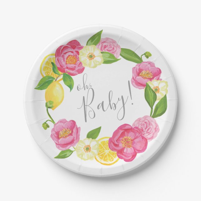 Oh Baby Citrus Lemon Floral Baby Shower Lemon Rose Paper Plate (Front)