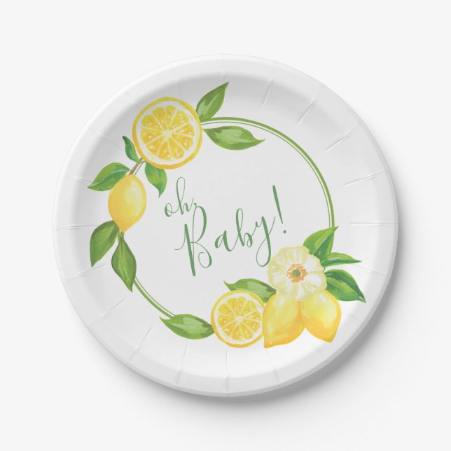 Oh Baby Citrus Lemon Floral Wreath Baby Shower Pap Paper Plate (Front)