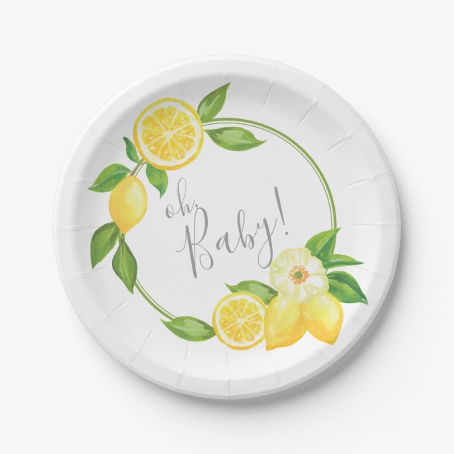 Oh Baby Citrus Lemon Floral Wreath Baby Shower Paper Plate (Front)