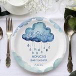 Oh Baby cloud baby shower template Paper Plate<br><div class="desc">Oh Baby cloud baby shower template plates personalised tableware decor cute watercolor blue clouds with raindrops baby shower personalised plates</div>