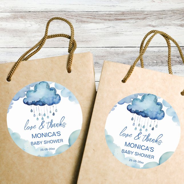 Oh Baby cloud baby shower thank you Classic Round Sticker (Oh Baby cloud baby shower favor thank you  Sticker whimsical blue cloud with raindrops favor sticker)