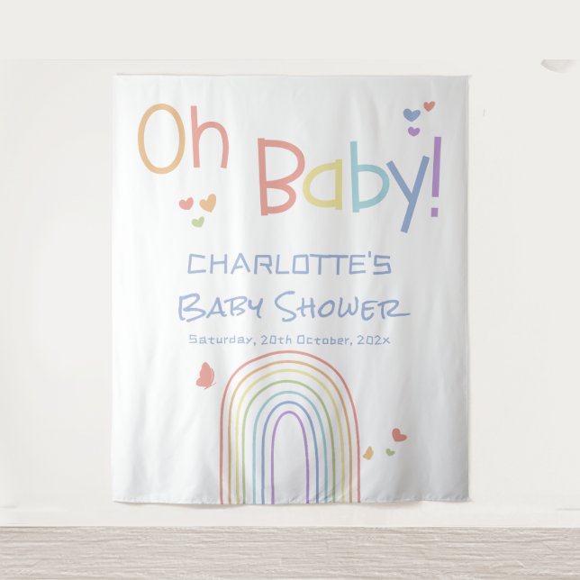 Oh Baby! Colourful Rainbow Baby Shower Backdrop Tapestry (Front)