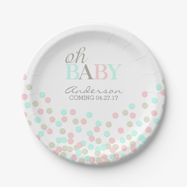 Oh Baby Confetti Gender Reveal Party | Pink Blue Paper Plate (Front)