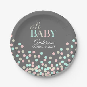 Oh Baby Confetti Gender Reveal Party   Pink Blue Paper Plate