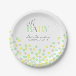 Oh Baby Confetti Gender Reveal Party   Yellow Aqua Paper Plate