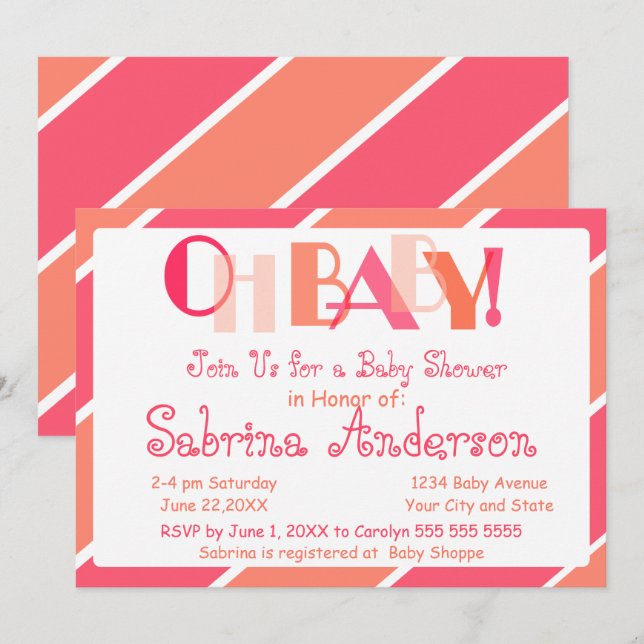Oh Baby Coral Modern Whimsical Baby Shower Invitation (Front/Back)