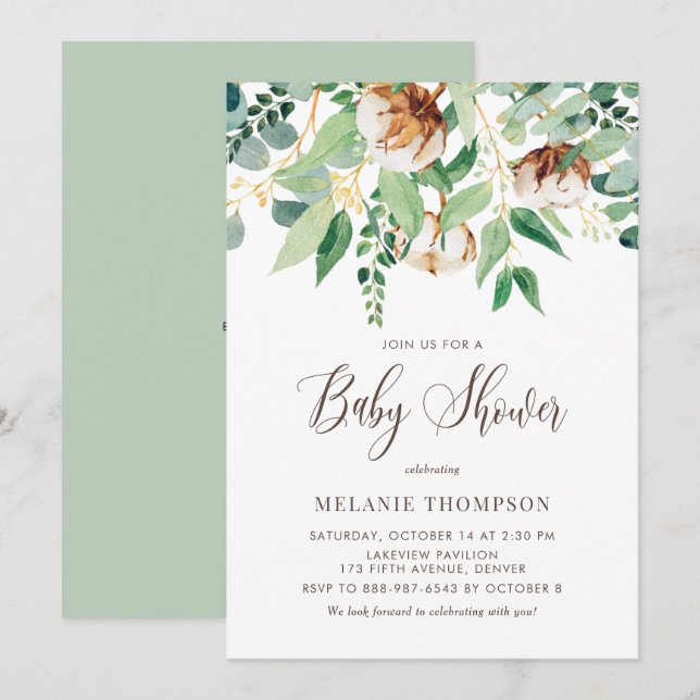 Oh Baby Cotton Blossoms and Eucalyptus Baby Shower Invitation (Front/Back)