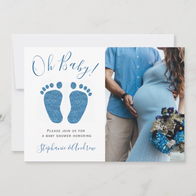 Oh Baby Couple's Photo Blue Baby Shower  Invitation (Front)