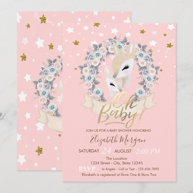 Oh Baby Cute Baby Deer  Gold Stars Baby Shower Invitation (Front/Back)