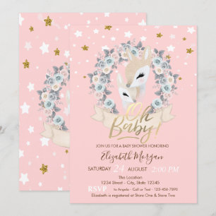 Oh Baby Cute Baby Deer Gold Stars Baby Shower Invitation