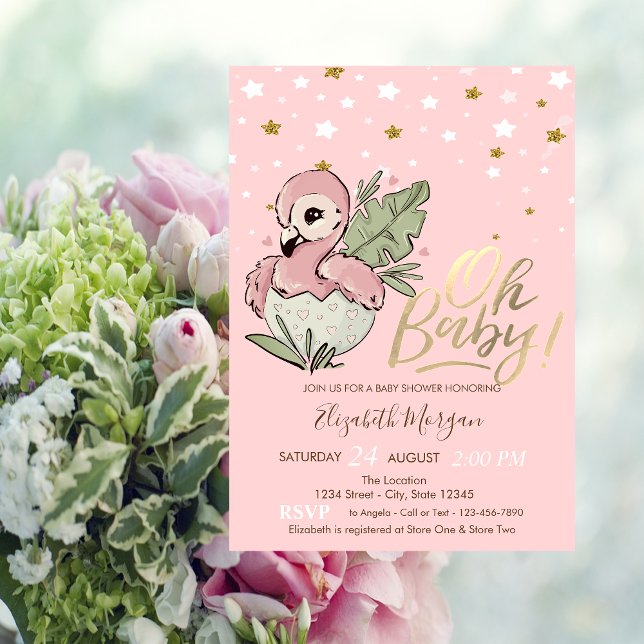 Oh Baby Cute Baby Pink Flamingo Stars Baby Shower Invitation (Creator Uploaded)