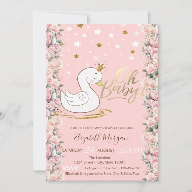 Oh Baby Cute Baby Swan Crown Roses  Baby Shower Invitation (Front)