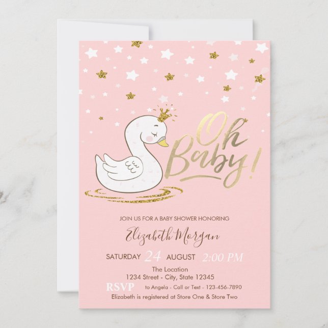 Oh Baby Cute Baby Swan Crown Stars Baby Shower Invitation (Front)