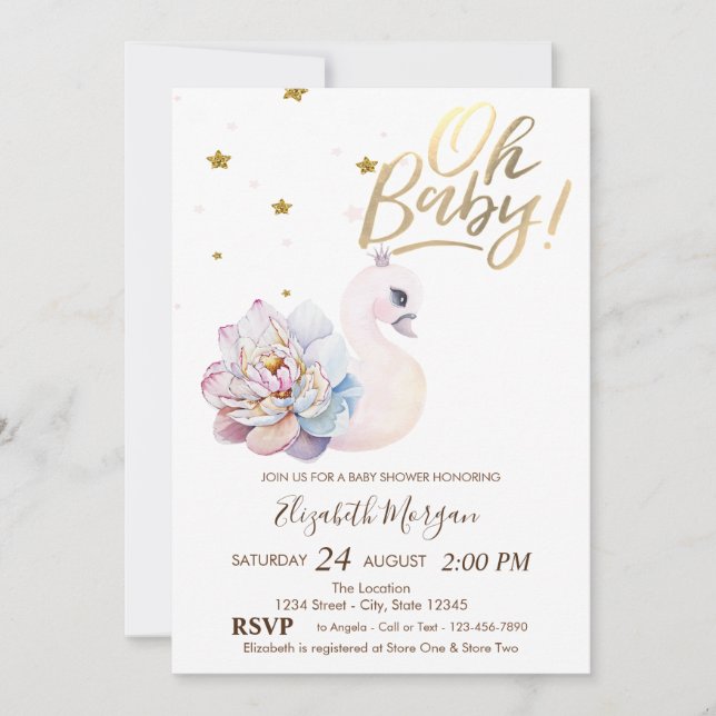 Oh Baby Cute Baby Swan Flower Baby Shower Invitation (Front)