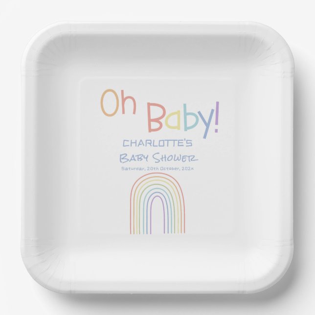 Oh Baby! Cute Colourful Rainbow Baby Shower Paper Plate (Front)