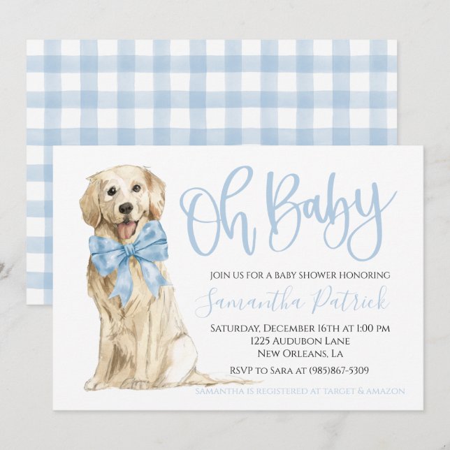 Oh Baby! Cute Dog Blue Boy Shower Invitation (Front/Back)