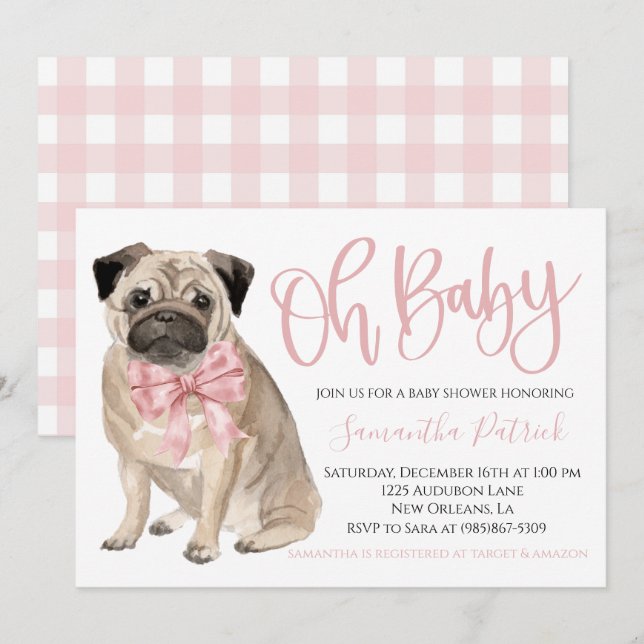 Oh Baby! Cute Dog Pink Puppy Dog Shower Invitation (Front/Back)
