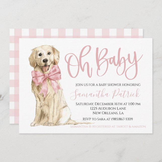 Oh Baby! Cute Dog Pink Puppy Dog Shower Invitation (Front/Back)