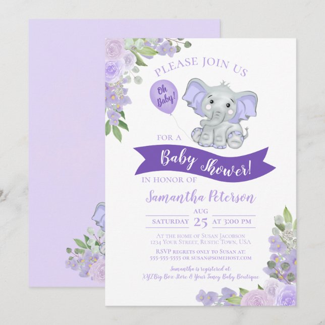 Oh Baby! Cute Elephant Purple Floral Baby Shower Invitation (Front/Back)