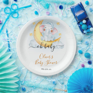 Oh Baby Cute Elephant watercolor Baby Shower  Paper Plate