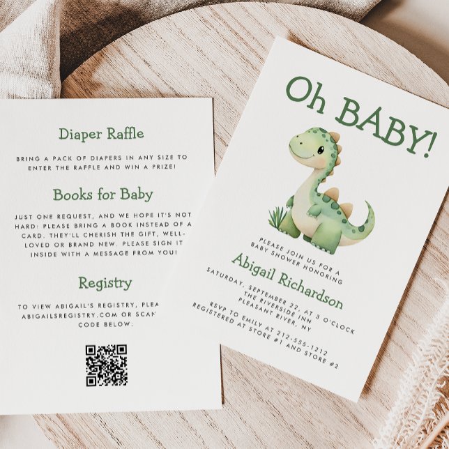 Oh Baby Cute Green Dinosaur QR Code Baby Shower Invitation (Creator Uploaded)