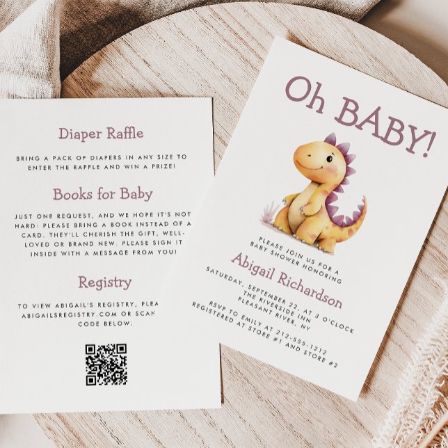 Oh Baby Cute Orange Purple Dinosaur QR Baby Shower Invitation (Creator Uploaded)