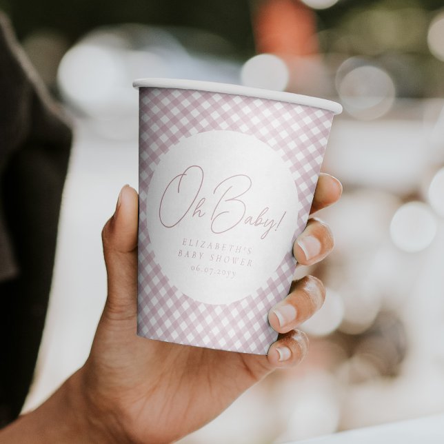Oh baby cute pink gingham personalised baby shower paper cups (Creator Uploaded)