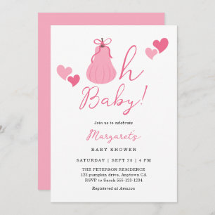 Oh Baby Cute Pink Pumpkin Bow Girl Baby Shower Invitation