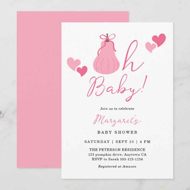 Oh Baby Cute Pink Pumpkin Bow Girl Baby Shower Invitation (Front/Back)