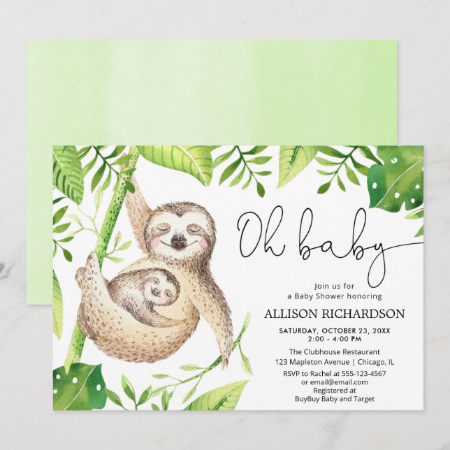 Oh Baby cute sloth tropical greenery baby shower Invitation (Front/Back)